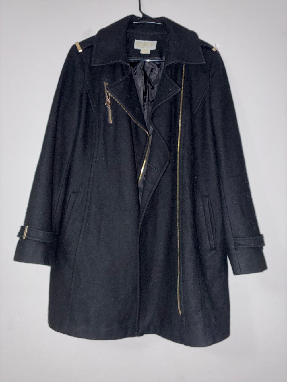 Michael Kors Black Wool Pea Coat with Gold Hardware